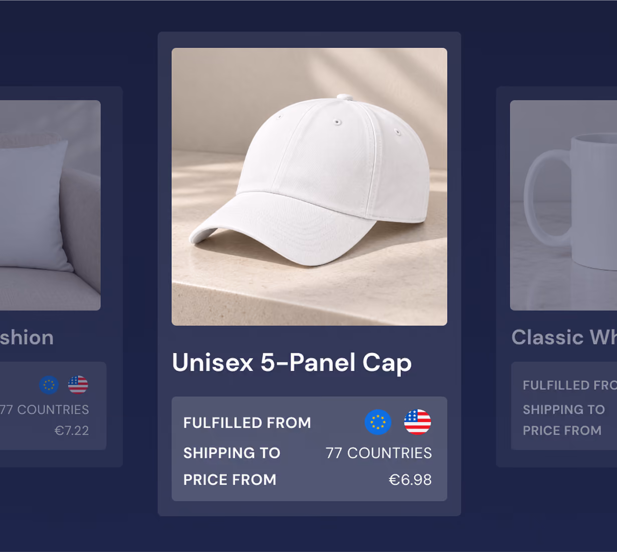 White unisex 5-panel cap displayed on a light beige surface with shadows, priced from €6.98 and fulfilled from the EU and USA, shipping to 77 countries.