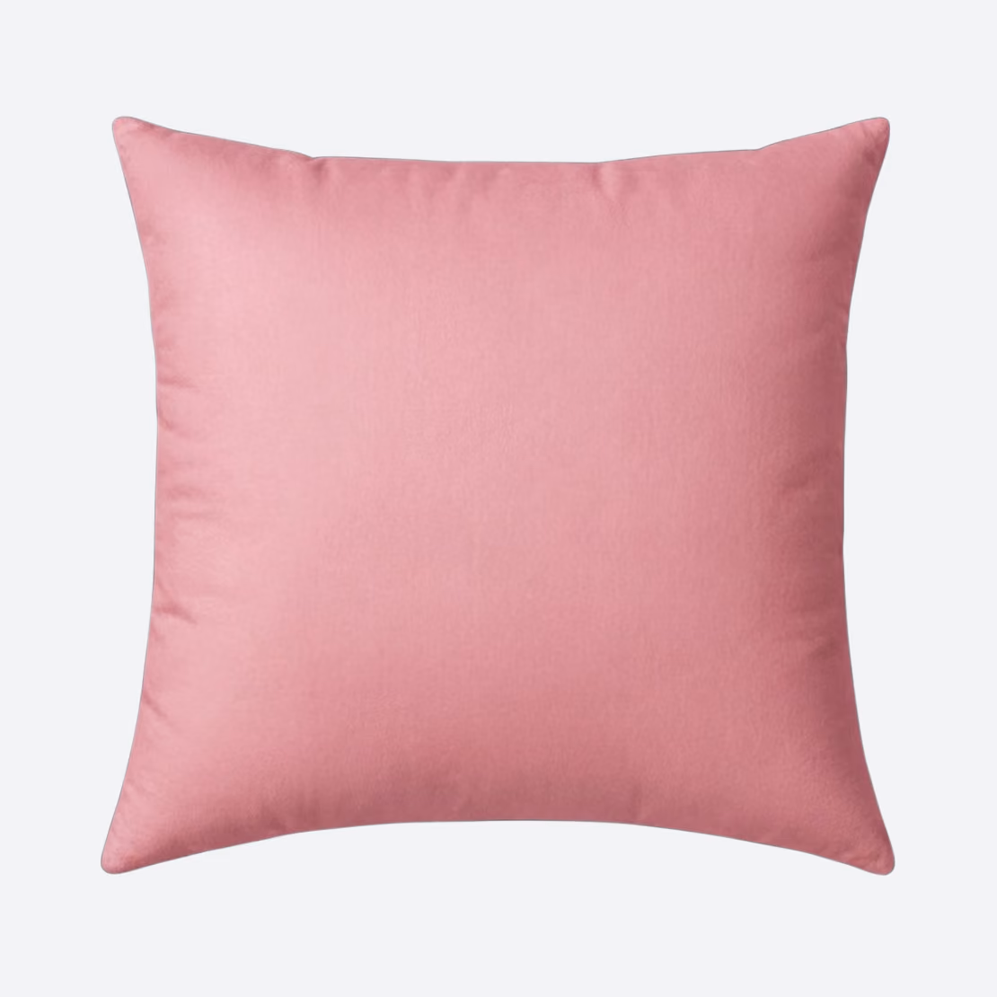 Square pink cushion with a smooth fabric surface on a plain light gray background.