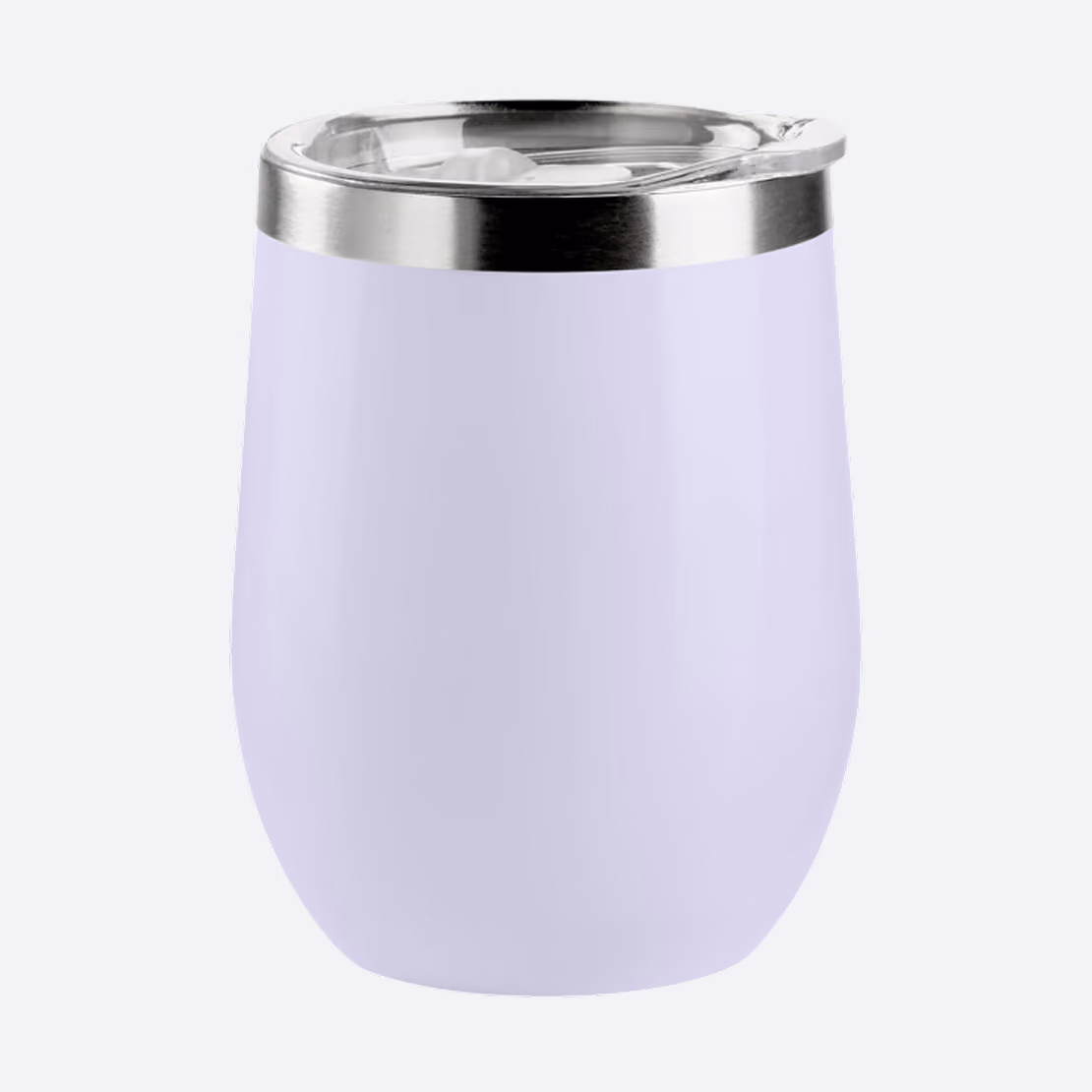 Light lavender insulated stainless steel tumbler with a transparent lid on a white background.