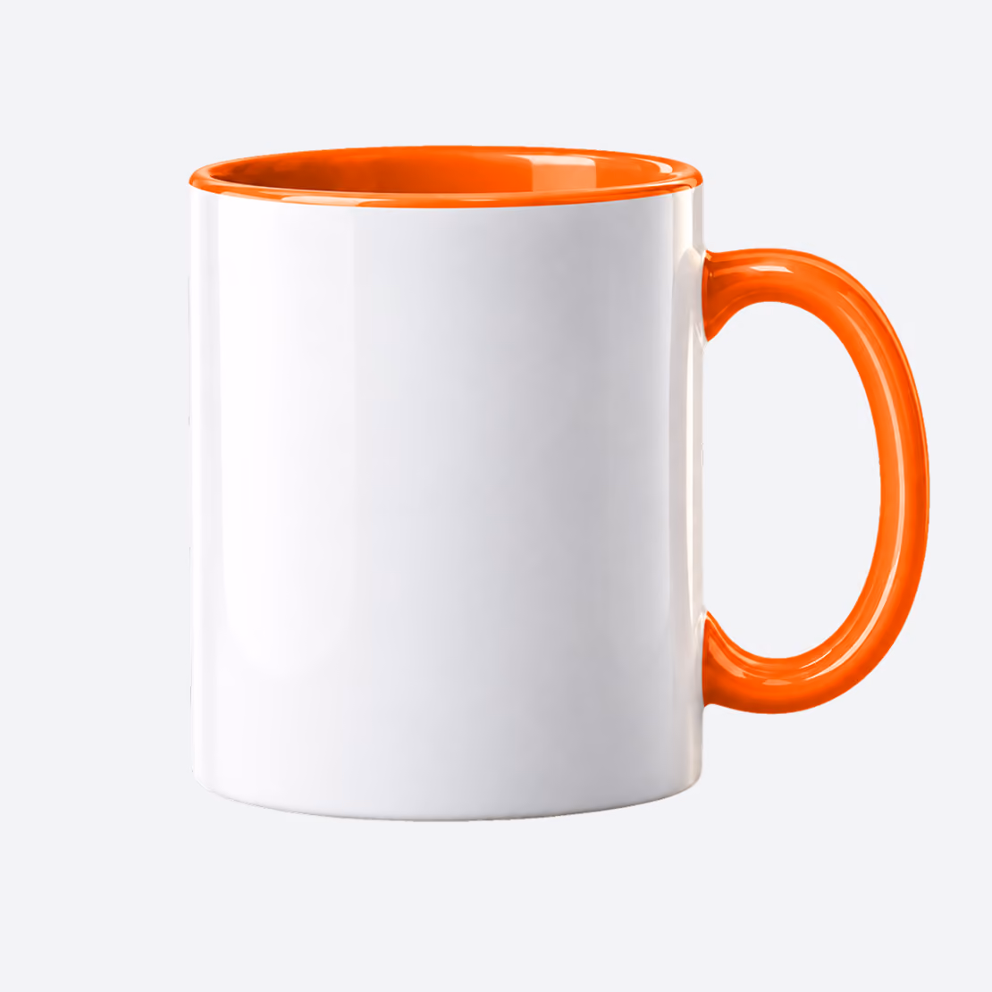 White ceramic mug with a bright orange handle and interior, viewed from the side on a light background.