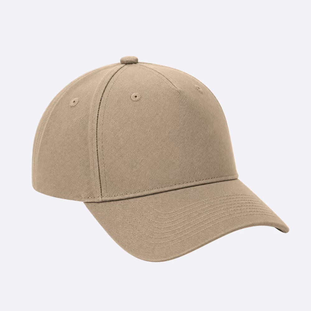Plain beige baseball cap shown at an angle on a light background.