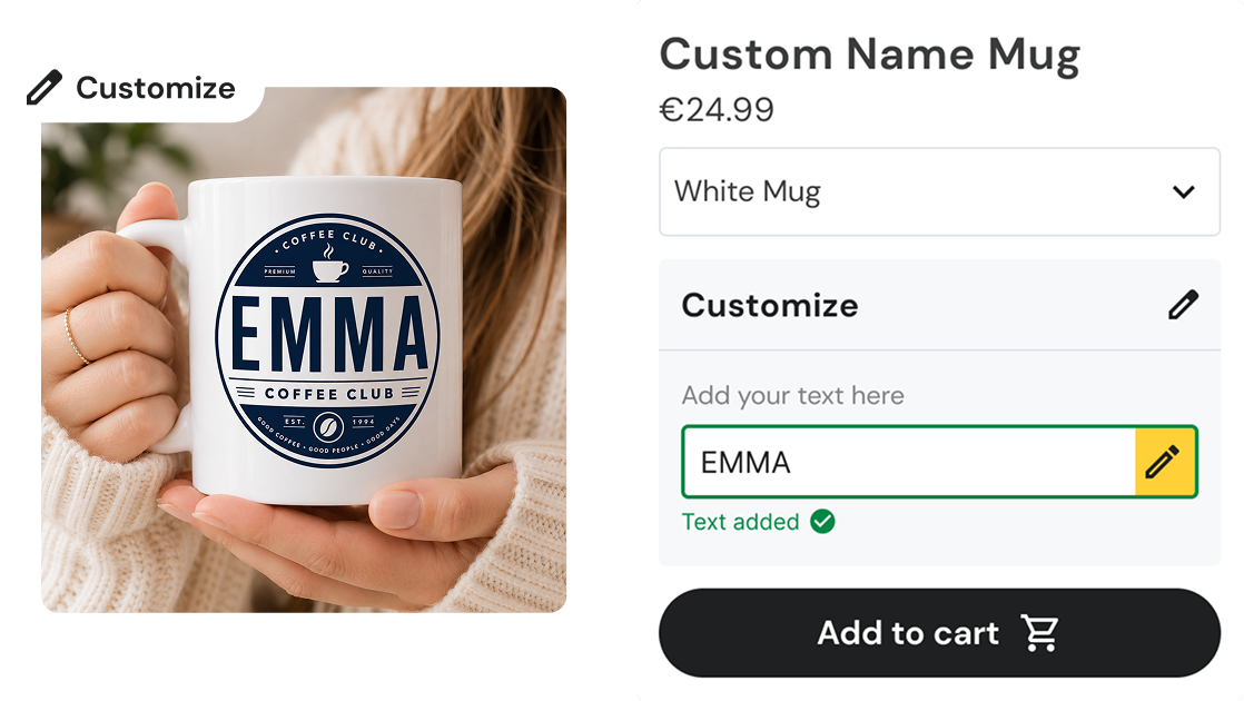 Person holding a white mug with a circular navy blue logo that reads EMMA COFFEE CLUB with a coffee cup icon and small text around the edge, shown next to an online product customization interface displaying the mug price €24.99, a dropdown for white mug selection, a text box with the name EMMA added, and an Add to cart button.