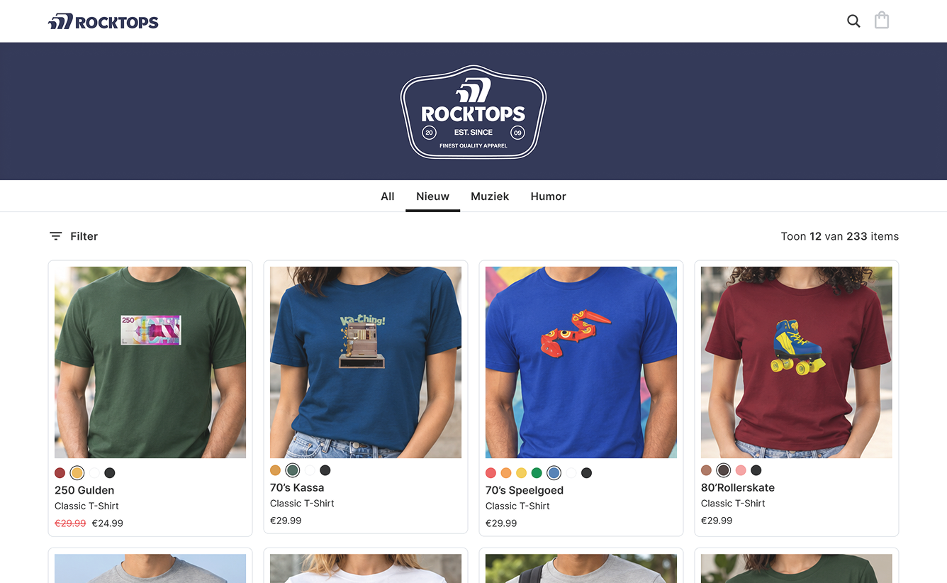 Online shop webpage displaying Rocktops brand with a navy banner featuring the Rocktops logo and slogan, navigation tabs labeled All, Nieuw, Muziek, Humor, and a filter option. Below, four classic T-shirt products are shown: green shirt with 250 Gulden banknote graphic, blue shirt with vintage cash register and 'ka-ching!' text, blue shirt with 70's toy plane graphic, and maroon shirt with roller skate illustration, with pricing and multiple color options displayed for each.
