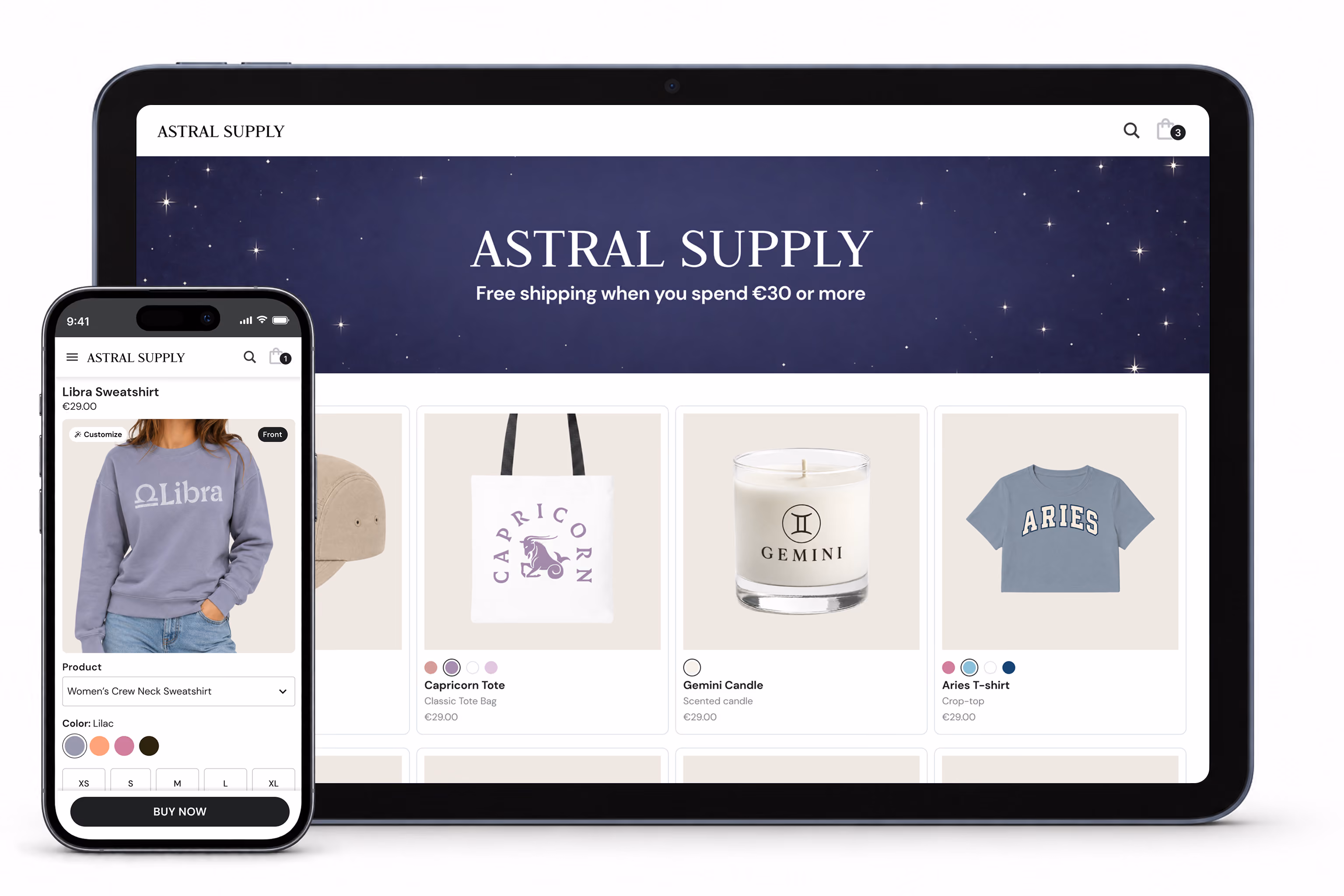 Tablet displaying Astral Supply online store homepage with starry night sky banner offering free shipping on orders over €30, featuring Capricorn tote bag, Gemini candle, and Aries t-shirt product images; smartphone showing a lilac Libra sweatshirt product page with color options and size selection.