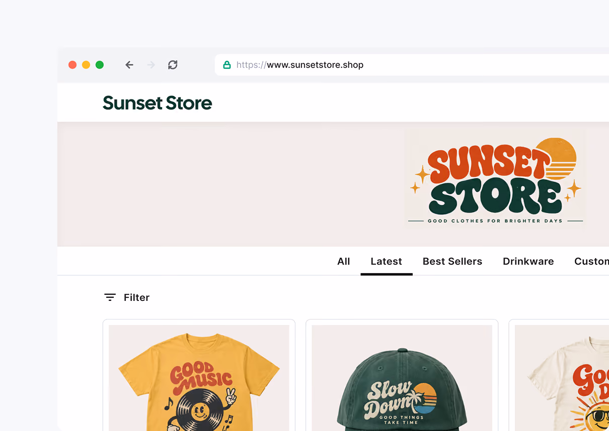 Screenshot of an online store webpage named Sunset Store with the URL www.sunsetstore.shop, displaying a banner with the logo 'SUNSET STORE' and tagline 'Good clothes for brighter days', and tabs for categories like All, Latest, Best Sellers, and Drinkware.