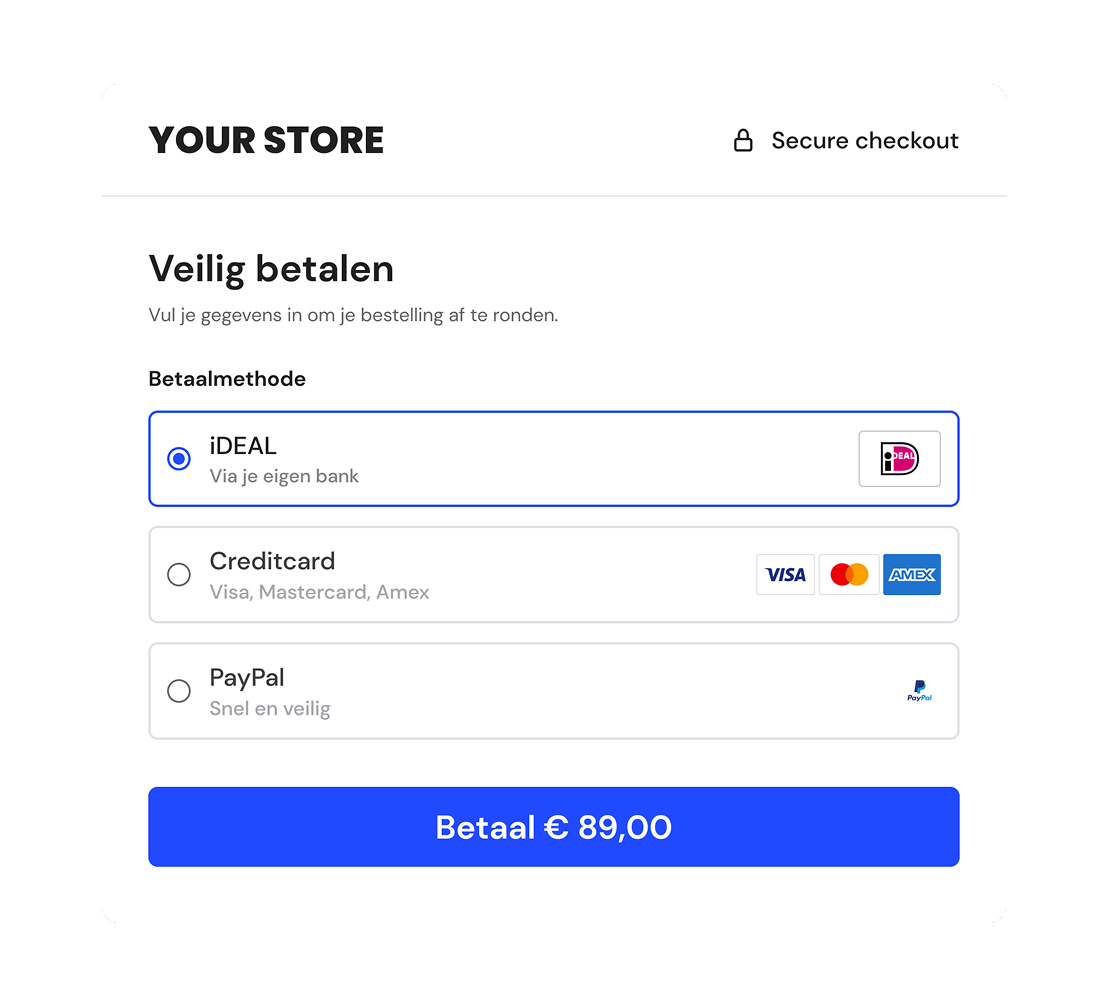 Checkout page from Your Store showing secure payment options titled Veilig betalen with methods iDEAL, Creditcard accepting Visa, Mastercard, Amex, and PayPal. The iDEAL option is selected with the description 'Via je eigen bank'. A blue payment button reads 'Betaal € 89,00'.