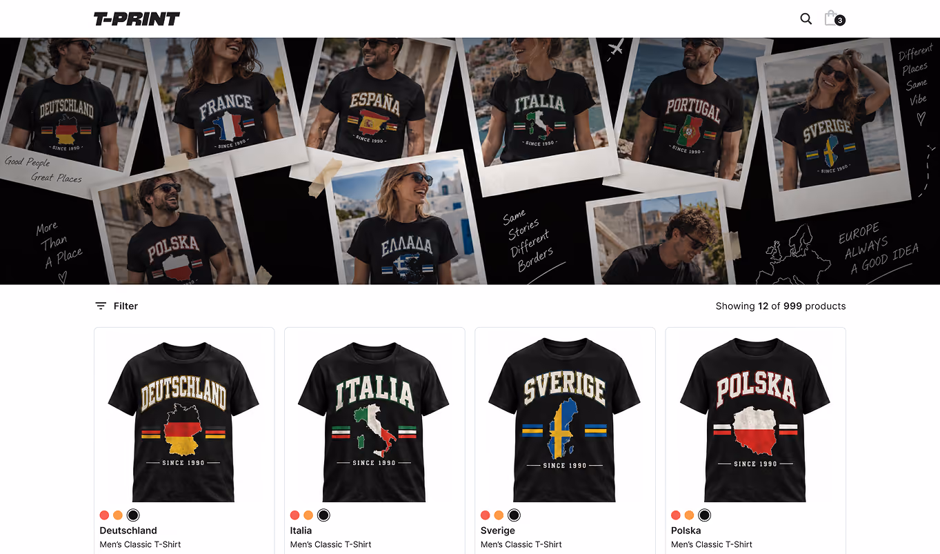 Website page for T-PRINT showing men's classic T-shirts featuring country names and maps: Deutschland, Italia, Sverige, and Polska, each with their national flag colors and text indicating "Since 1990." Above the product display, a collage of photos features models wearing various country-themed shirts including Deutschland, France, España, Italia, Portugal, Sverige, Polska, and Ελλάδα, with handwritten notes praising travel and diversity, such as "Good People Great Places" and "Same Stories Different Borders."
