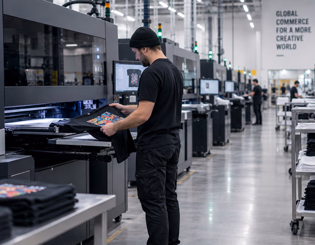 Man wearing a black beanie and black clothes removing a printed black t-shirt from a large digital printing machine inside a spacious, modern factory with other workers and machines visible in the background.