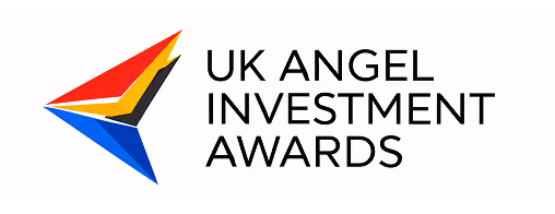 Logo with four triangular shapes in red, yellow, black, and blue forming a star-like design to the left of the text 'UK Angel Investment Awards'.