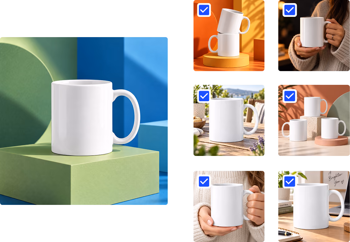 A white ceramic mug displayed on a green pedestal with a blue and green geometric background, alongside smaller images of similar white mugs in varied settings including stacked mugs on an orange background, a person holding a mug, mugs on an outdoor wooden table, and mugs on indoor surfaces with natural light.