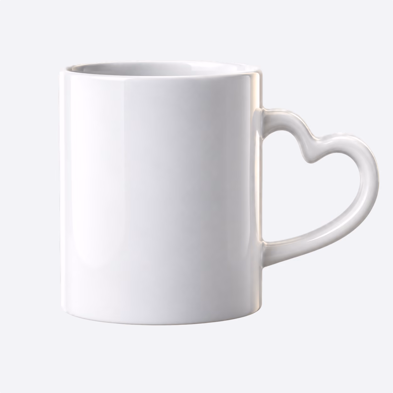 White ceramic mug with a heart-shaped handle on a light gray background.