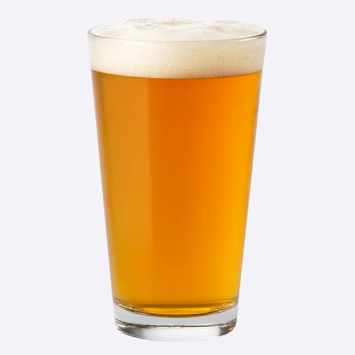 A clear pint glass filled with golden amber beer topped with a light frothy foam head.