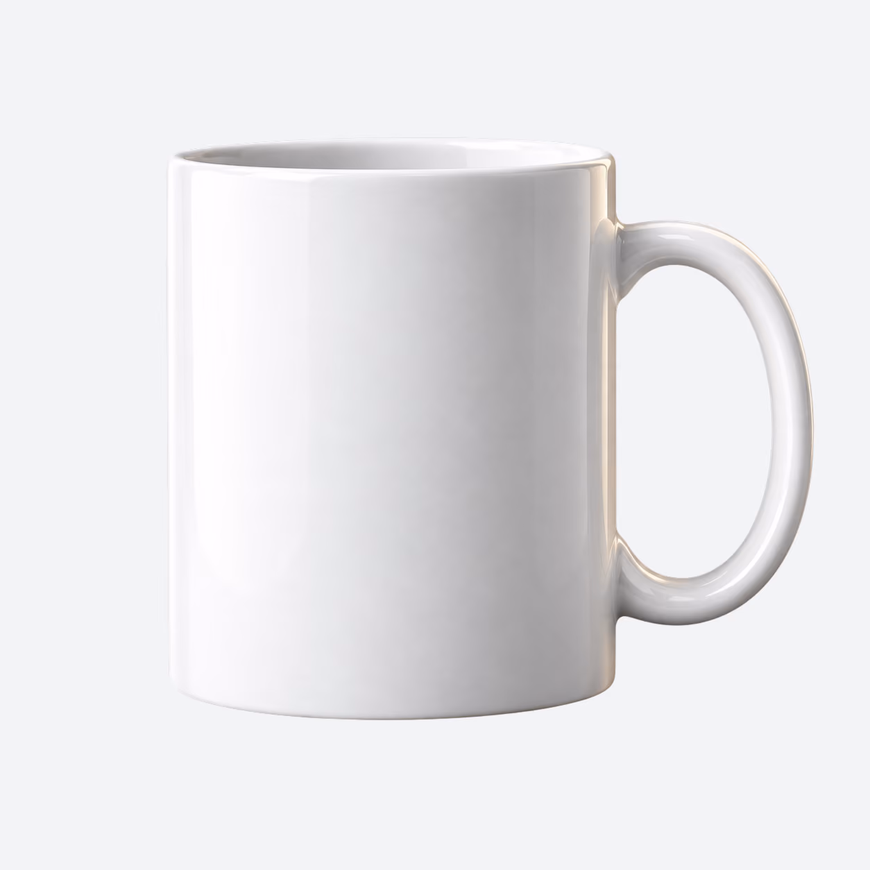 Plain white ceramic mug with handle on a light gray background.