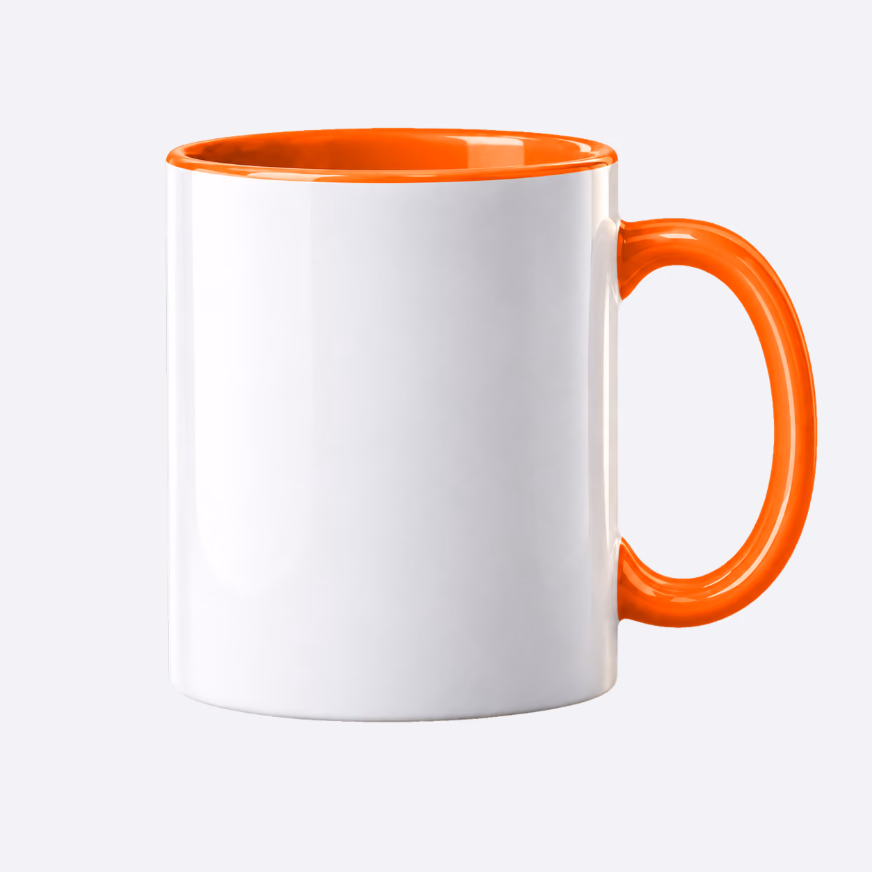 White ceramic coffee mug with bright orange handle and orange interior against a white background.
