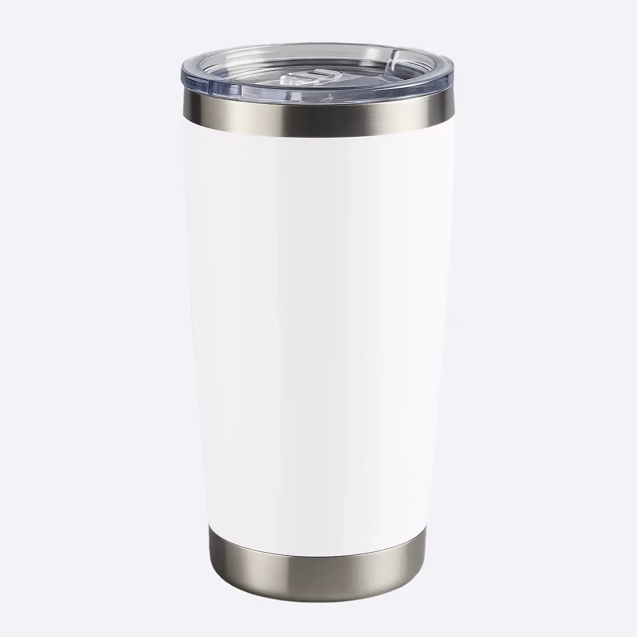 White insulated tumbler with stainless steel rim and base, topped with a clear plastic lid with a sliding closure.