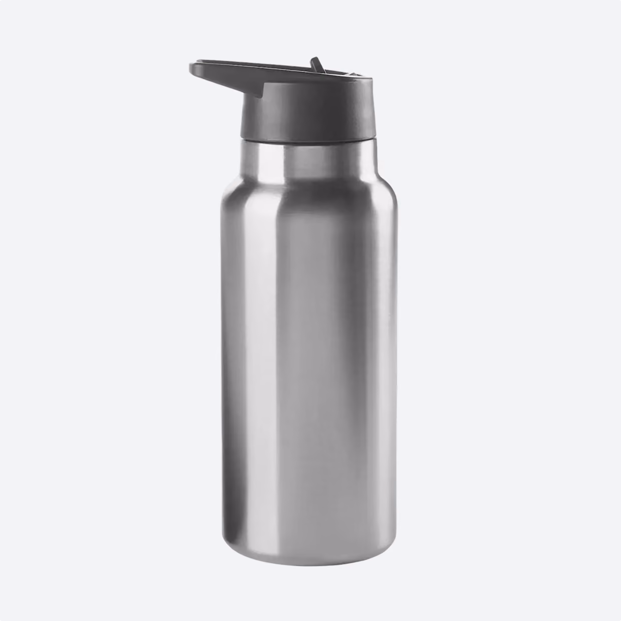 Stainless steel water bottle with a black flip-top lid on a light gray background.