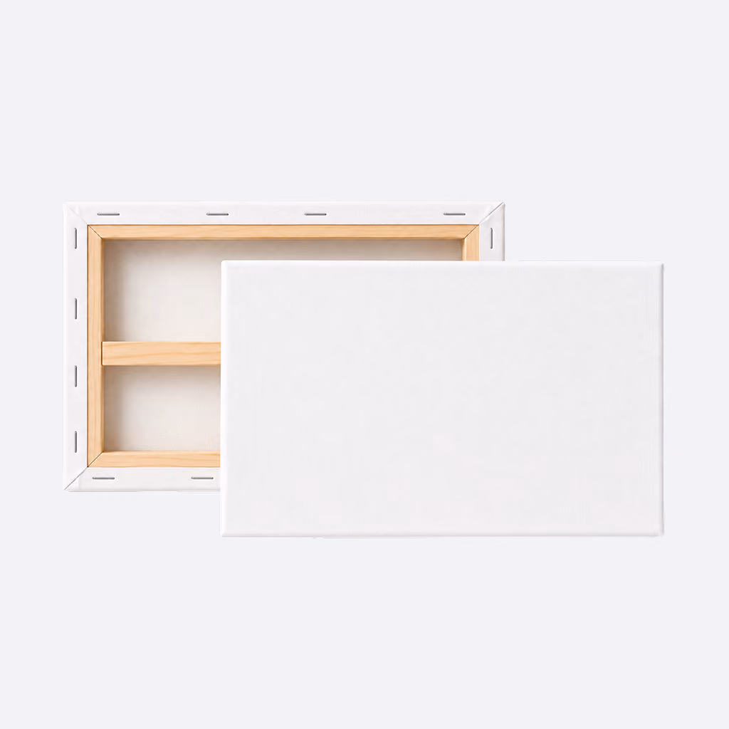Two blank rectangular canvases for painting, one showing the front white surface and the other showing the wooden frame back with staples.