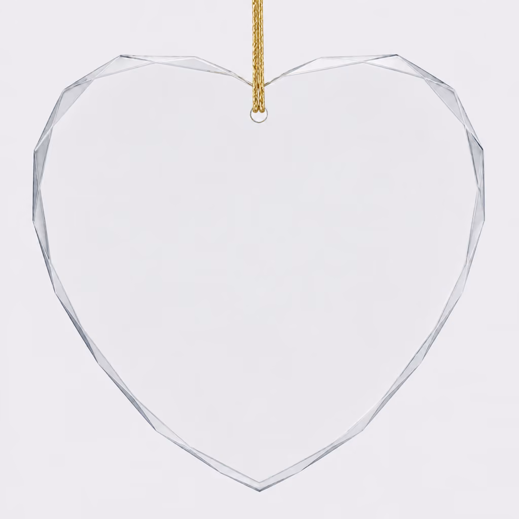 Clear faceted crystal heart ornament hanging by a gold string against a light background.