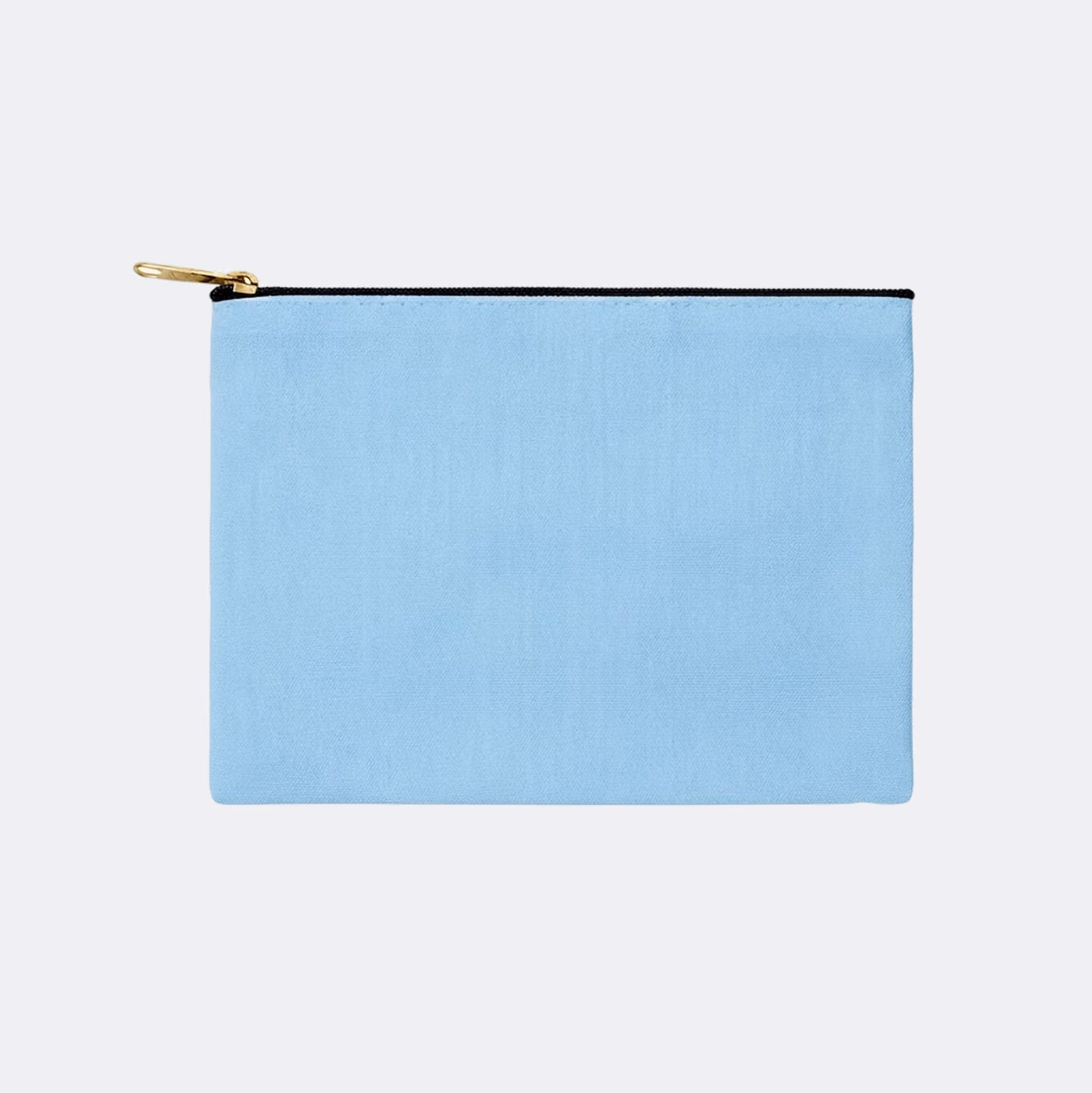 Rectangular light blue fabric pouch with a black zipper and a small gold zipper pull on a plain light background.