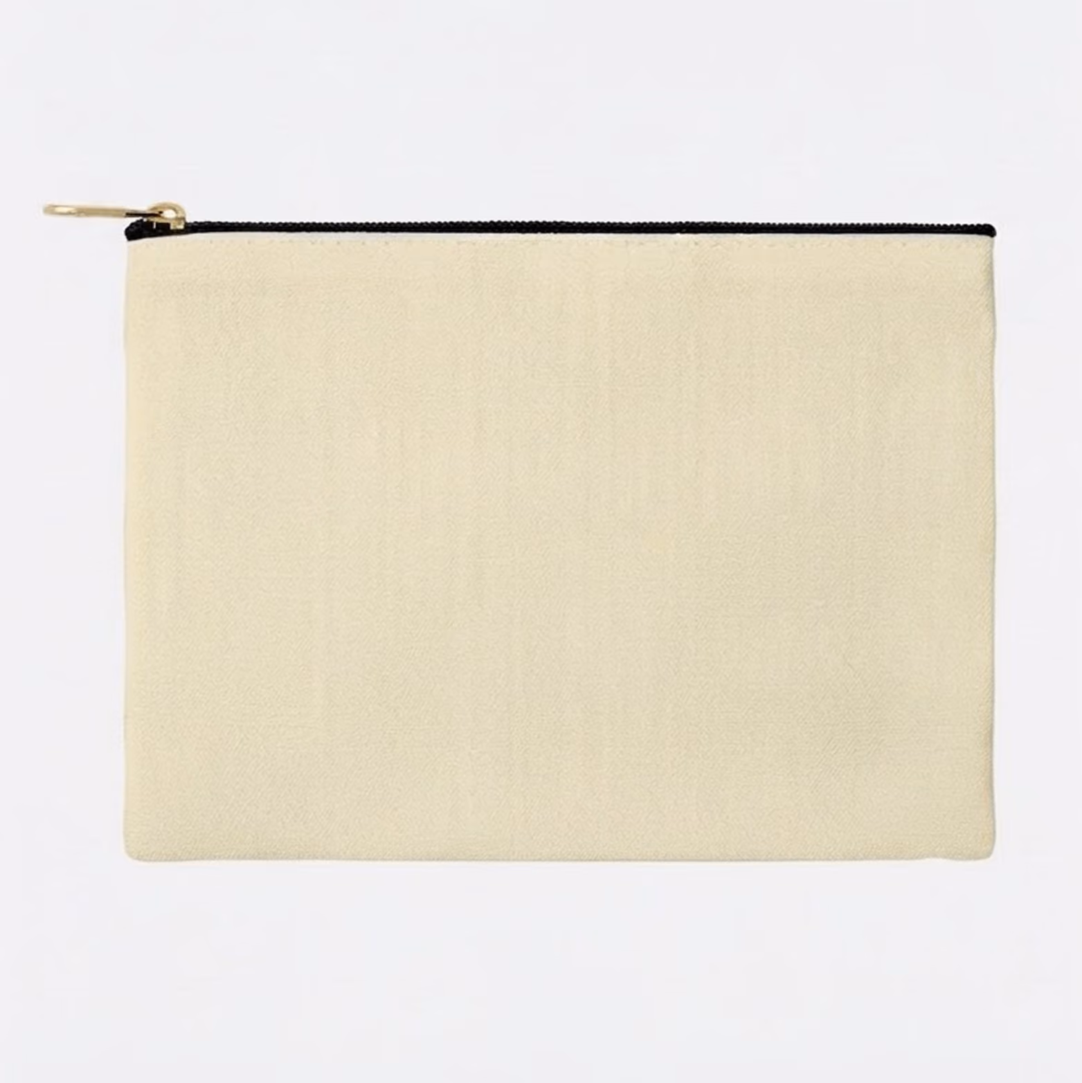 Rectangular beige fabric pouch with a black zipper and a gold zipper pull on a white background.
