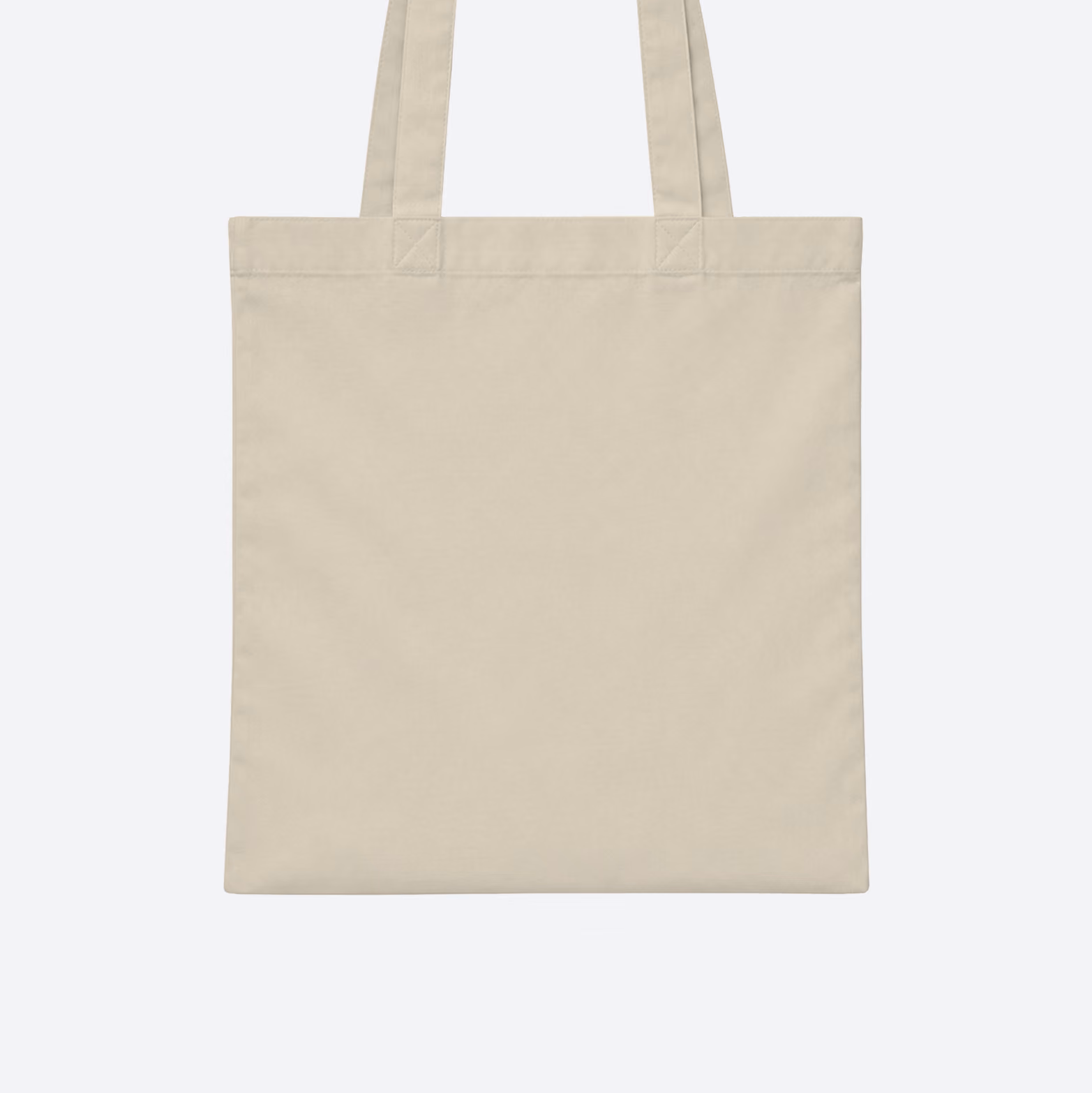 Plain beige tote bag with two handles on a light gray background.