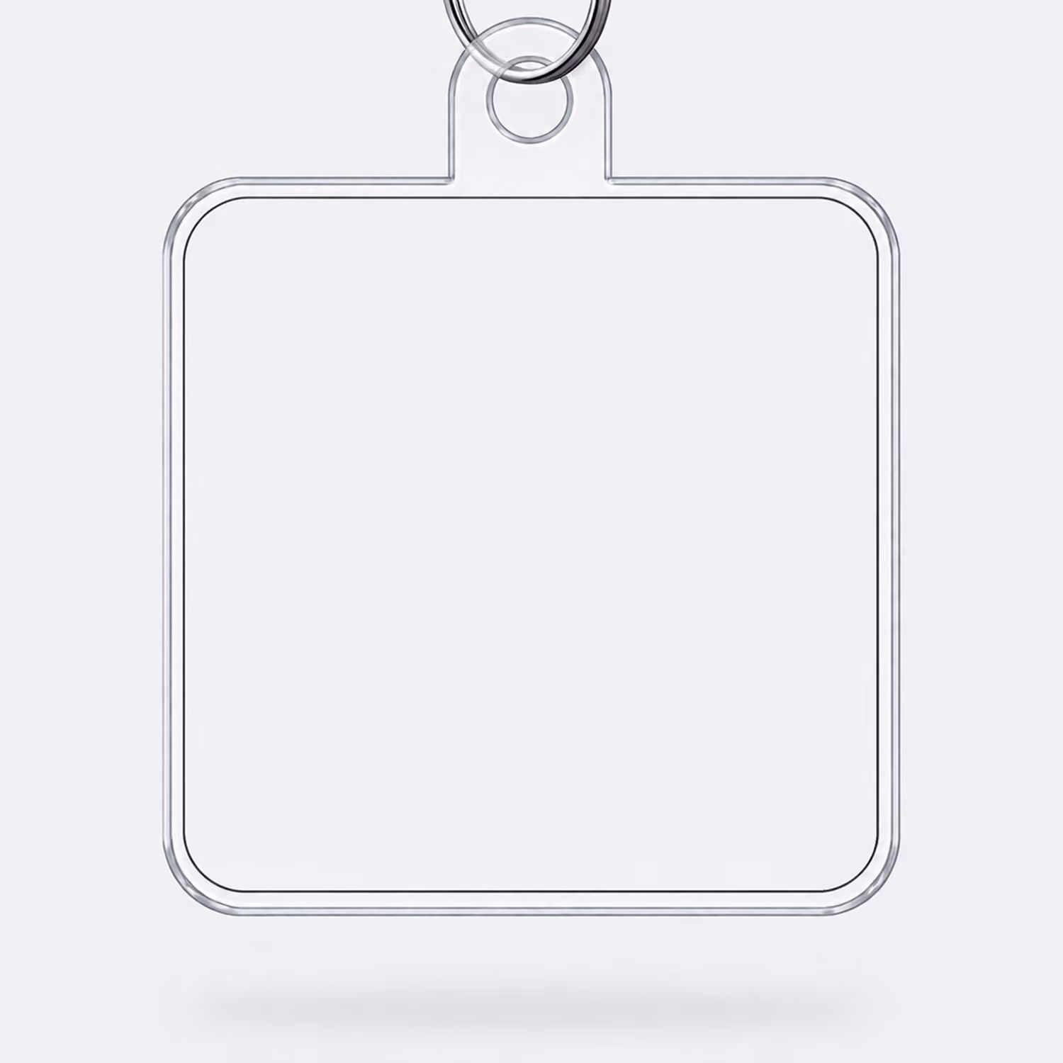 Empty transparent square keychain with rounded corners and a metal keyring on a white background.