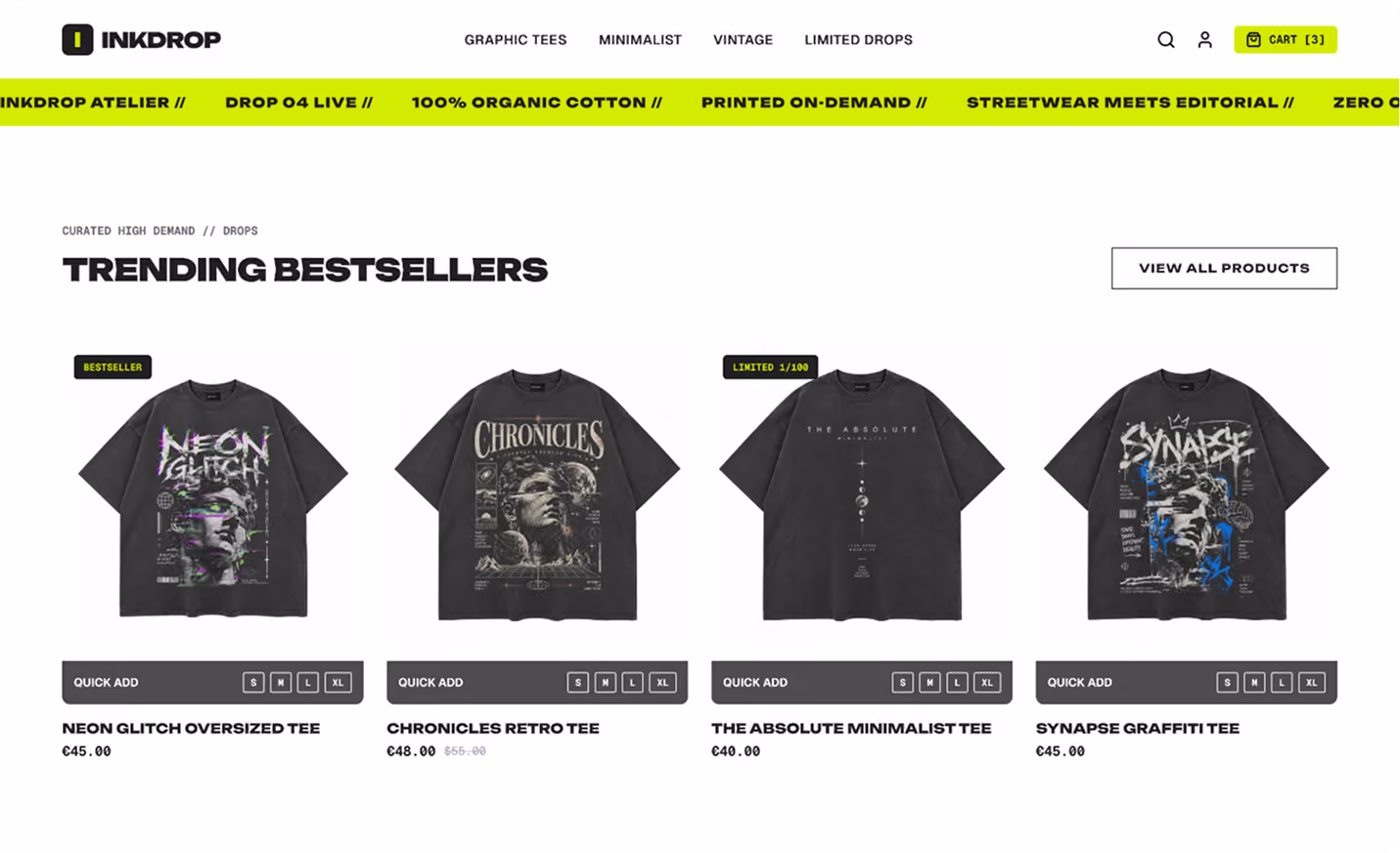 Online shopping page from Inkdrop featuring four trending bestseller graphic tees: Neon Glitch Oversized Tee, Chronicles Retro Tee, The Absolute Minimalist Tee, and Synapse Graffiti Tee, each in black with unique artistic designs and quick add size options.