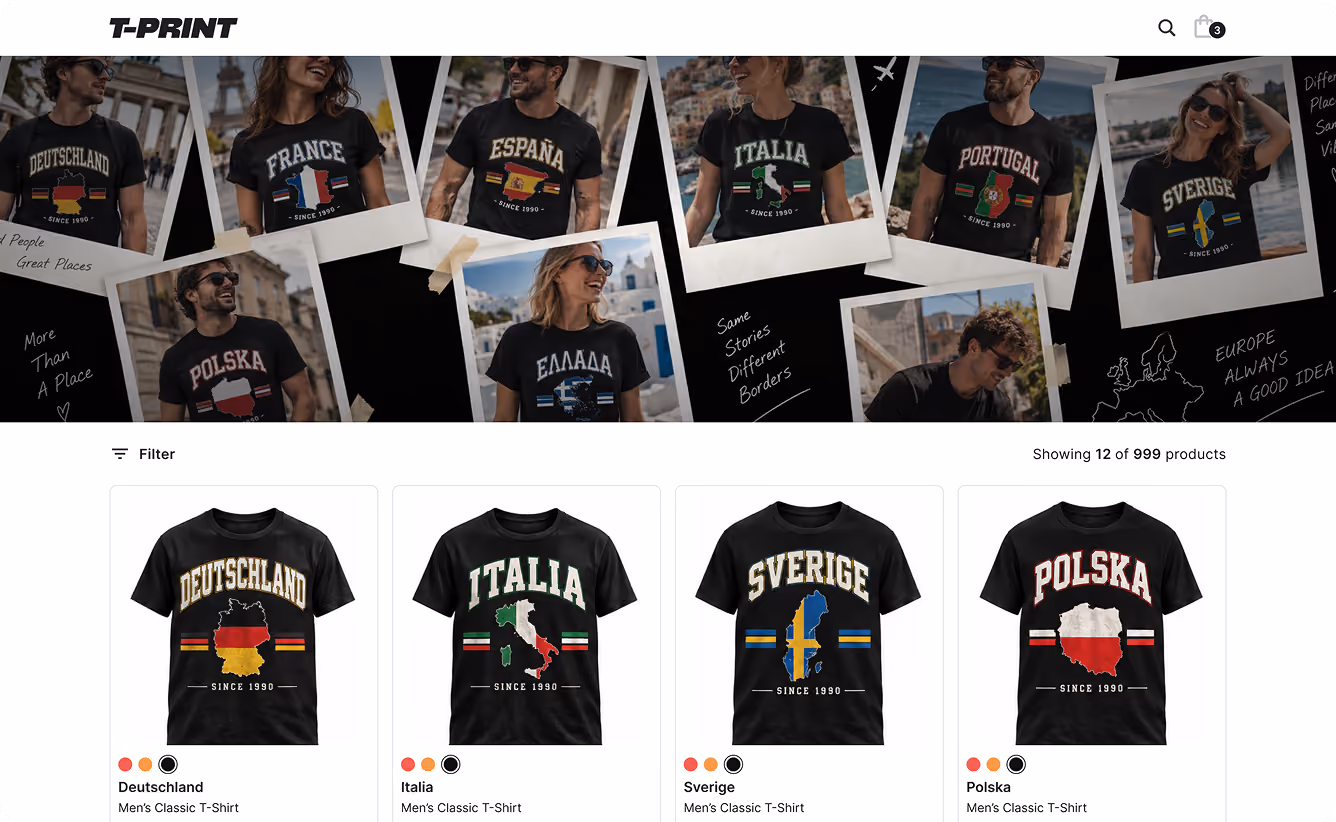 Website page showing a T-shirt store named T-PRINT with various European country T-shirts displayed; the top banner shows models wearing T-shirts labeled Deutschland, France, España, Italia, Portugal, Sverige, Polska, and Ελλάδα with country flags and maps. Below are four featured T-shirts for Deutschland, Italia, Sverige, and Polska, each black with the country name, flag colors, and a map outline, labeled as Men's Classic T-Shirts.