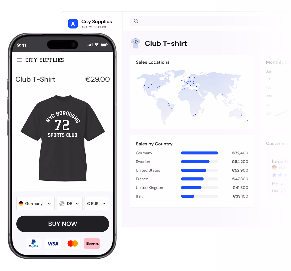 Mobile screen showing City Supplies product page for a black Club T-shirt with text 'NYC Boroughs 72 Sports Club' priced at €29.00 with options for country Germany, language DE, and currency EUR, and payment options PayPal, VISA, Mastercard, Klarna; background shows sales dashboard with world map of sales locations and sales by country with Germany leading at €72,400.