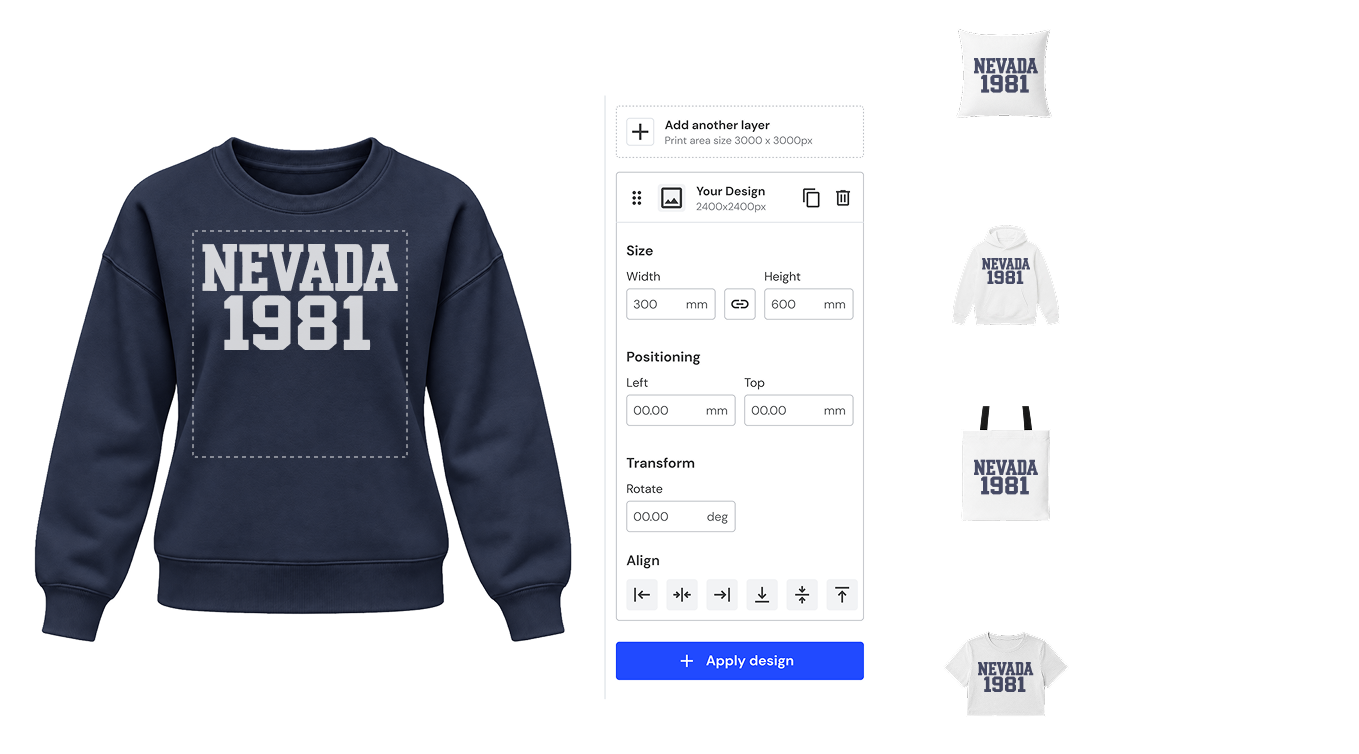 Design interface showing a navy blue sweatshirt with the text 'NEVADA 1981' in white block letters centered on the front, with options to adjust design size, position, rotation, and alignment; on the right are thumbnails of a pillow, hoodie, tote bag, and t-shirt, all featuring the same 'NEVADA 1981' design.