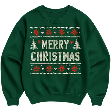 Green sweater with festive knit pattern, featuring white text 'Merry Christmas', flanked by small Christmas trees and red and white decorative snowflakes and stars.