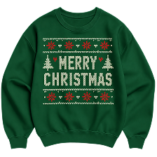 Green sweater with festive knit pattern, featuring white text 'Merry Christmas', flanked by small Christmas trees and red and white decorative snowflakes and stars.