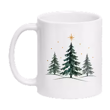 White ceramic coffee mug with a design of three green pine trees and a gold star above the center tree.