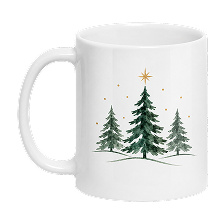 White ceramic coffee mug with a design of three green pine trees and a gold star above the center tree.