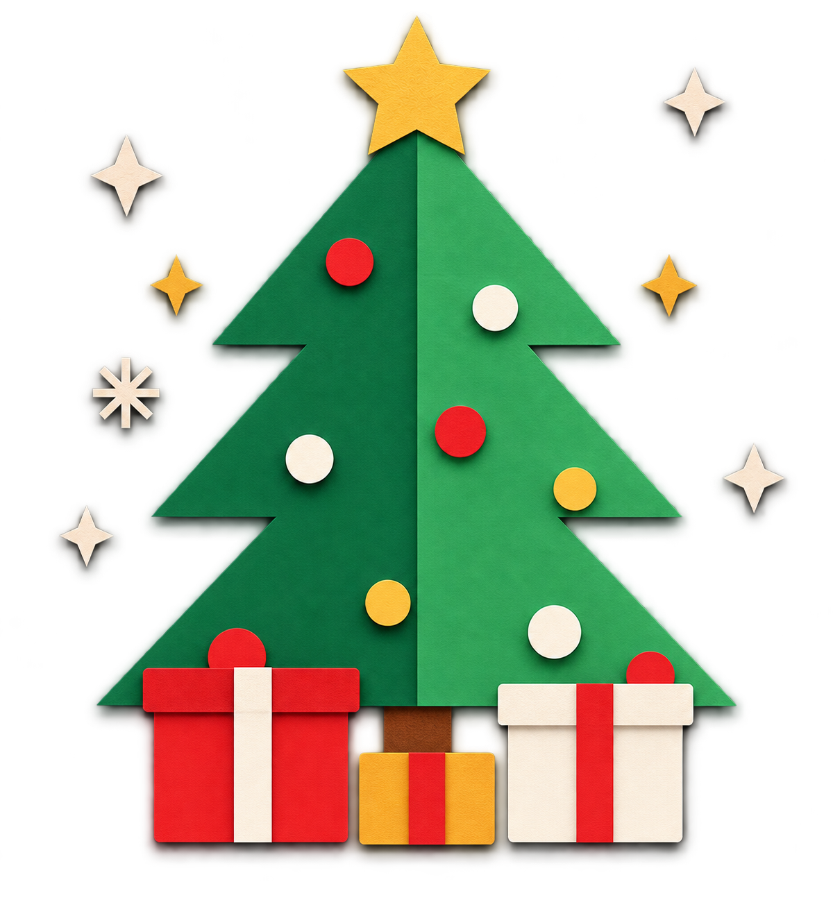 Stylized green Christmas tree with a yellow star on top, decorated with red, white, and yellow round ornaments, surrounded by white and yellow stars, and three wrapped gifts in red, yellow, and white beneath it.