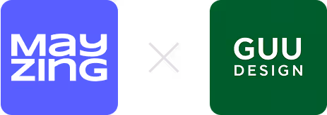 Logo pair featuring Mayzing in white text on a blue background and GUU Design in white text on a dark green background, separated by a stylized white 'x' in the center on a black background.