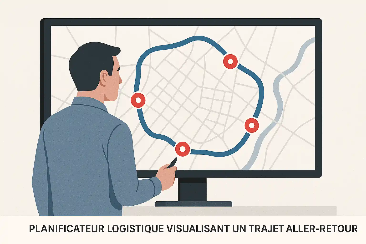 Planificateur logistique visualisant un trajet aller-retour sur écran
