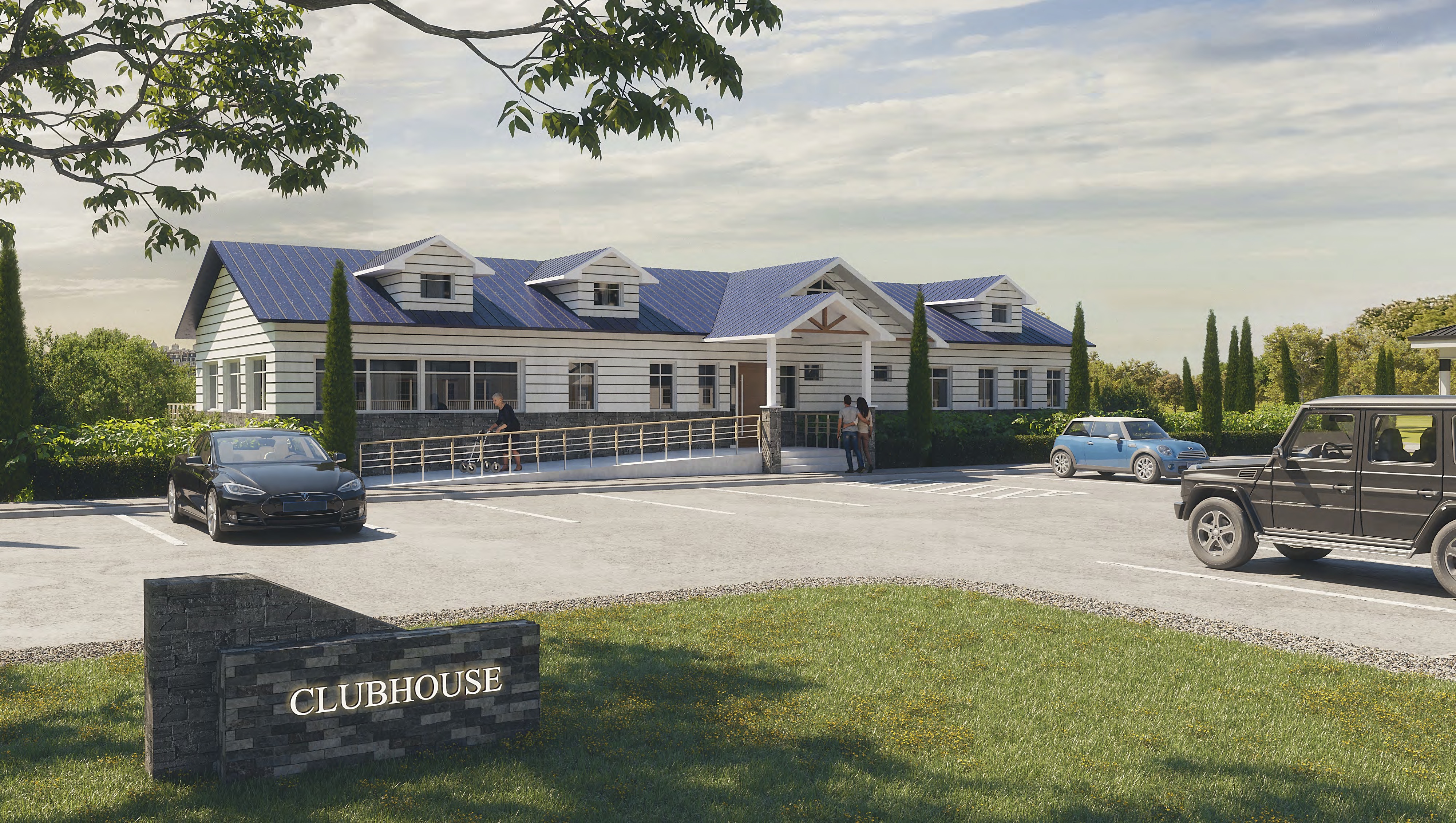 A drawing of a clubhouse with a sign in front of it.