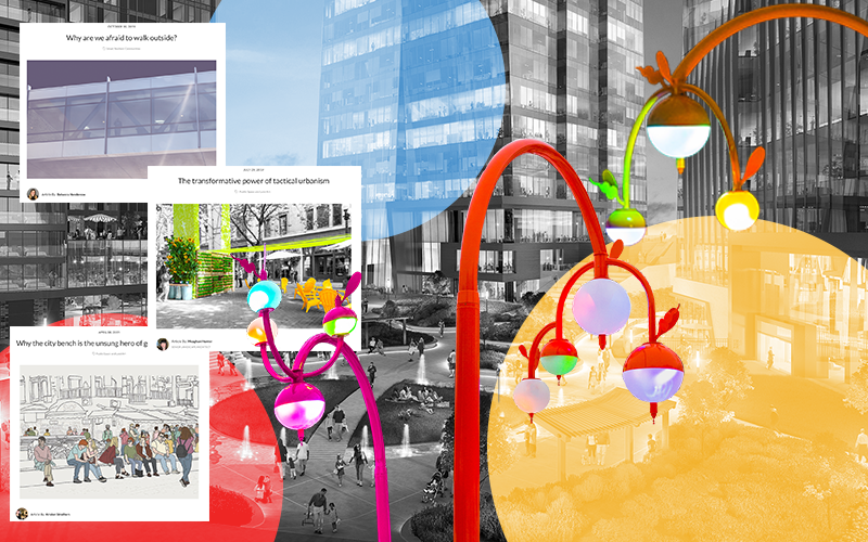 A colorful image of a city with a red light pole.