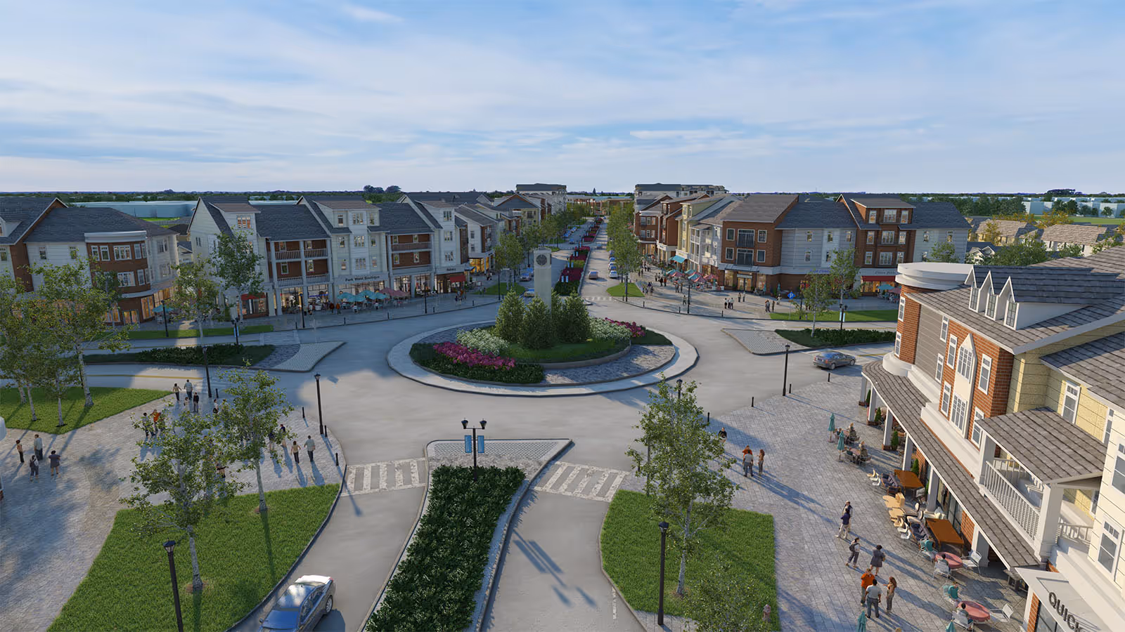 A 3D model of a city street with a clock tower in the middle.