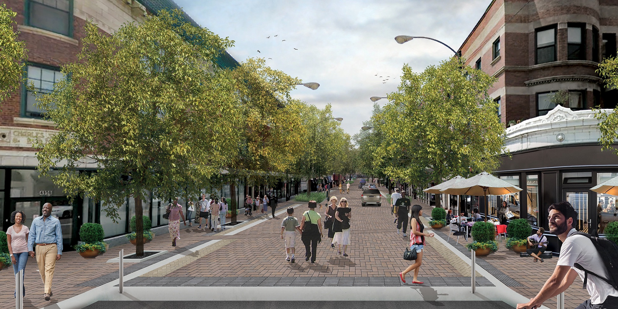 Visualization of a vibrant urban streetscape with tree-lined pedestrian walkways and mixed retail spaces.