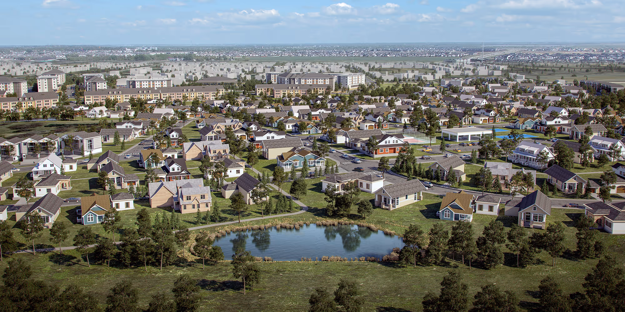 Aerial view of an innovative urban courtyard nestled between high-rise buildings, featuring green roofs, integrated landscaping, walking paths, water features, and seating areas designed for community engagement.