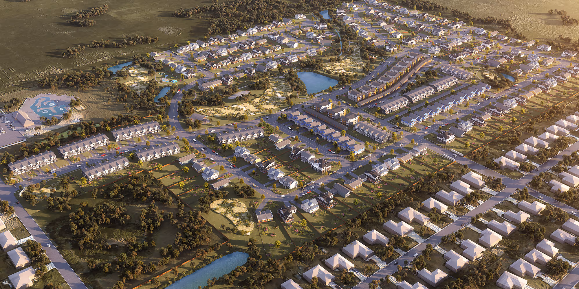 A high-resolution aerial rendering of a modern suburban master-planned community featuring a mix of single-family homes, townhouses, and multi-unit residences. The layout includes green spaces, walking trails, multiple water features, and community amenities designed for sustainable and connected living.