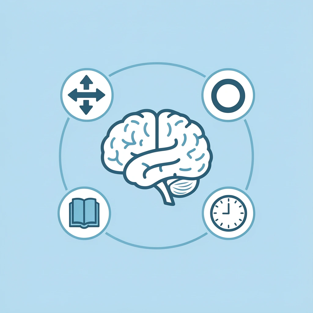 Central nerve icon with four connected icons showing cervical spine, head, neck, and shoulders