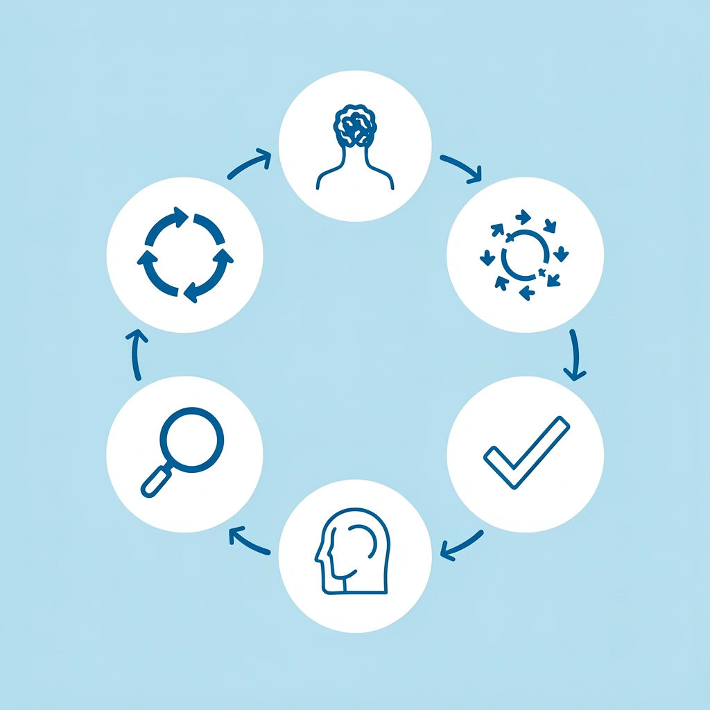 Circular diagram showing the cycle: neck stiffness causes headaches, which reinforces neck tension