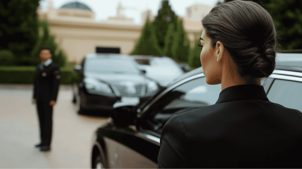 Business woman walking towards chauffeur who is standing in front of a black car.