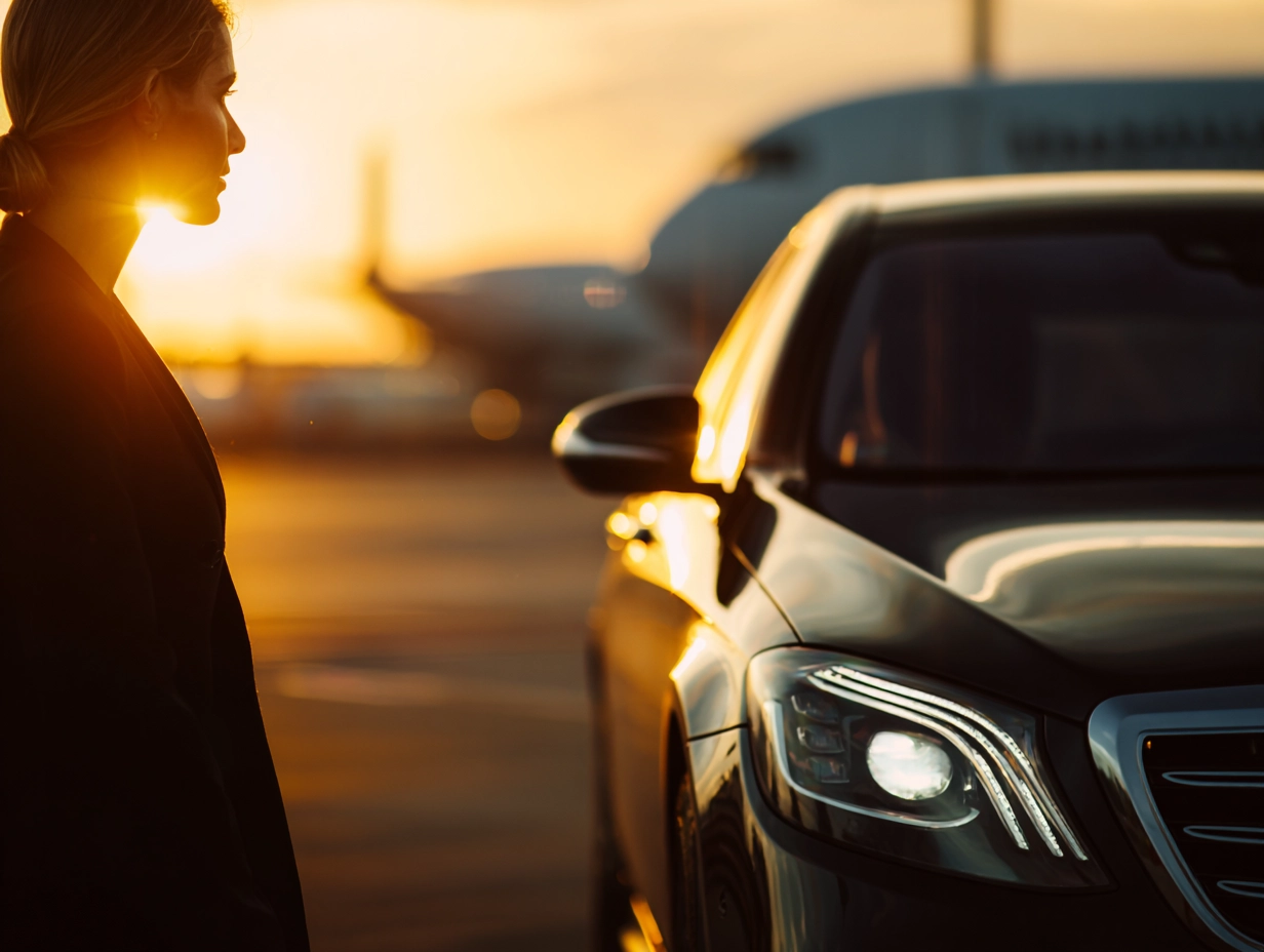 A woman standing next to a black car while the sun is setting.