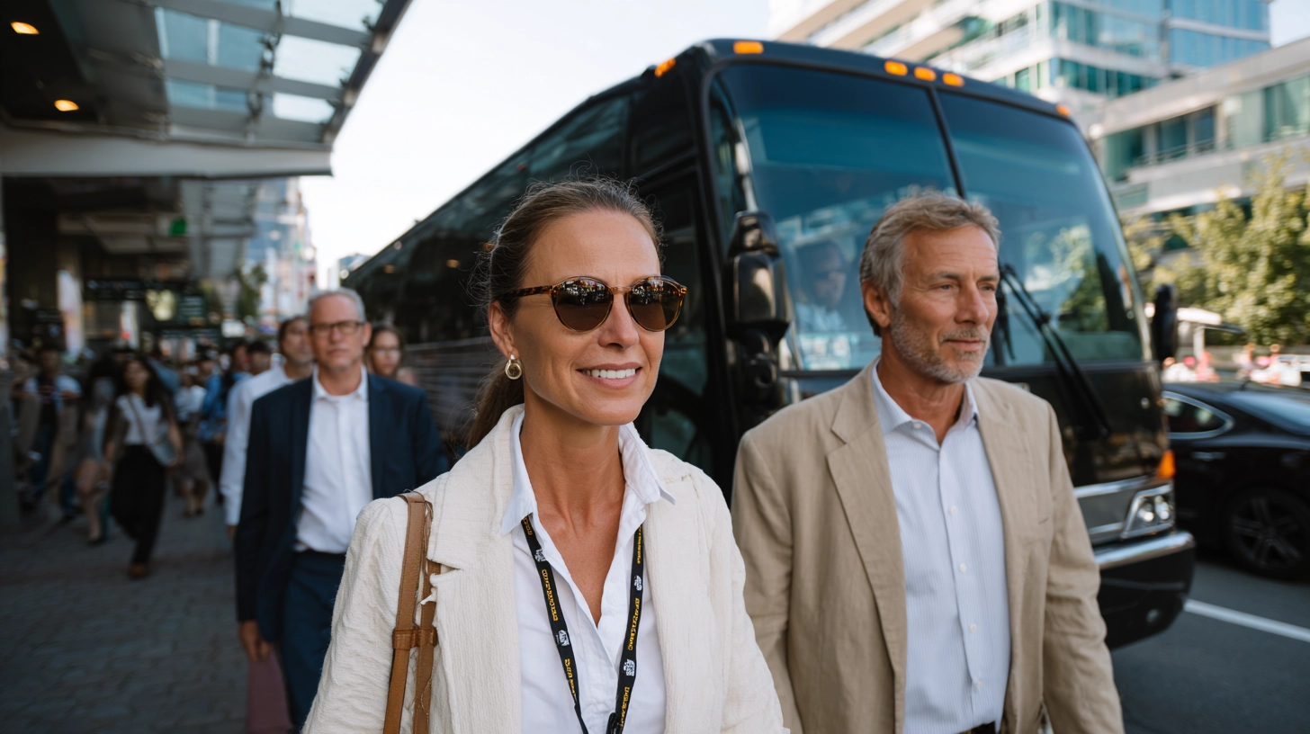 A man and a woman walking at the airport with a bus behind them.