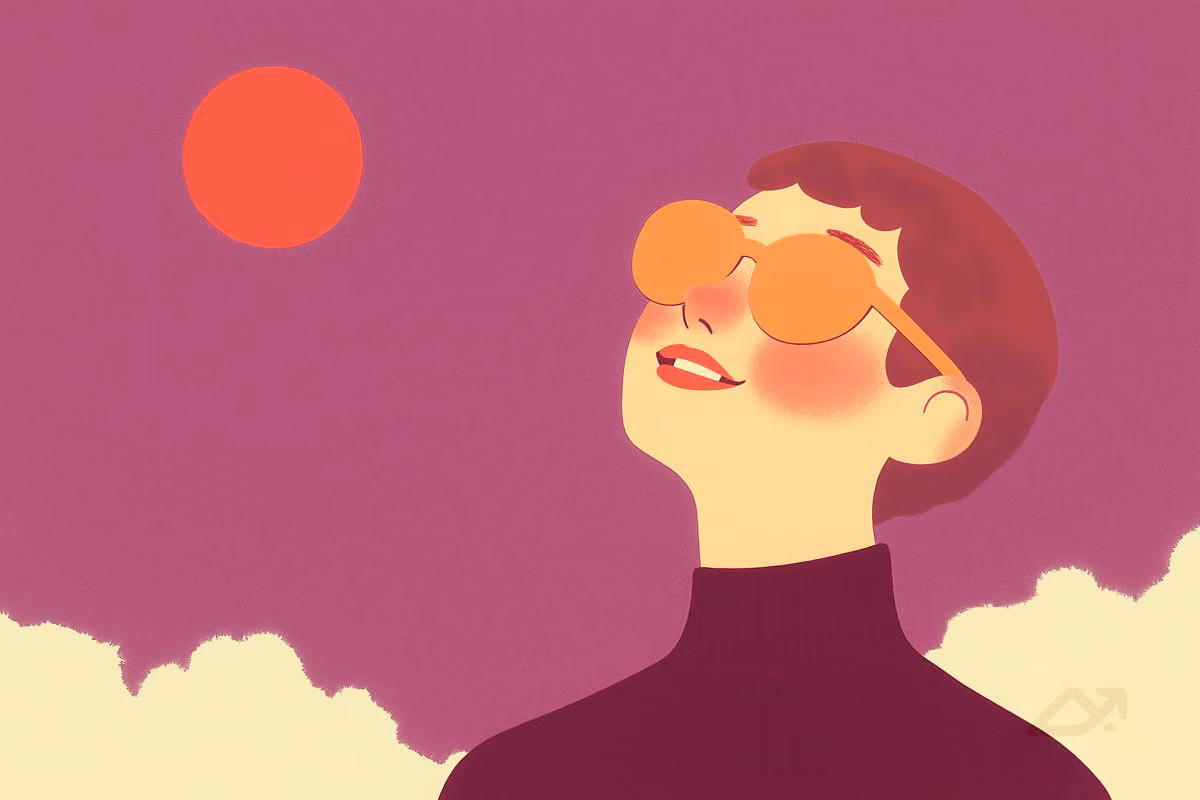 Illustration of a person wearing sunglasses gazing up at the sun. 