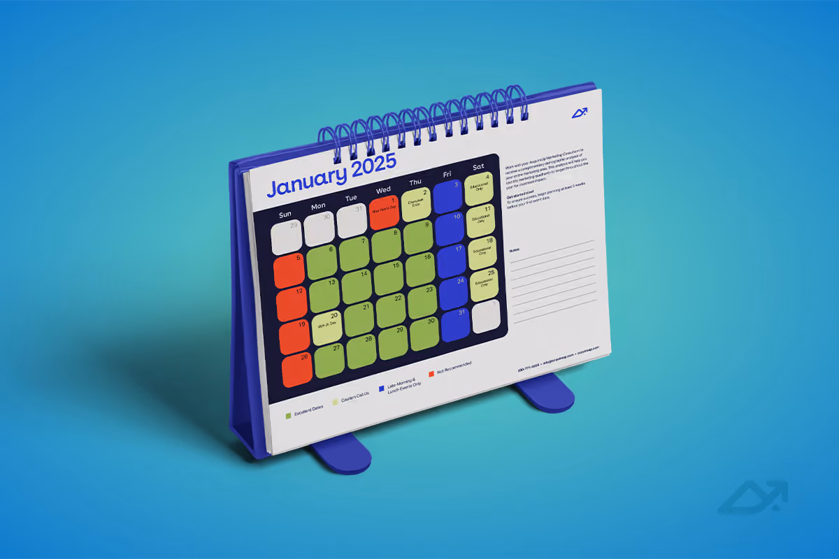 An illustration of a colorful calendar, spiral bound on a stand with a blue background.